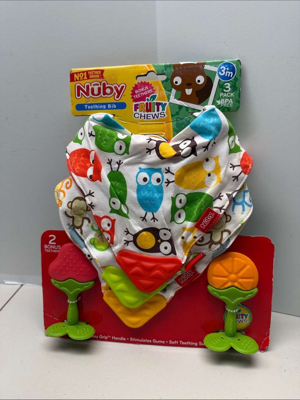 Nuby Kids Owl Teething Bib with Colorful Owl Print - Multicolor with tethers